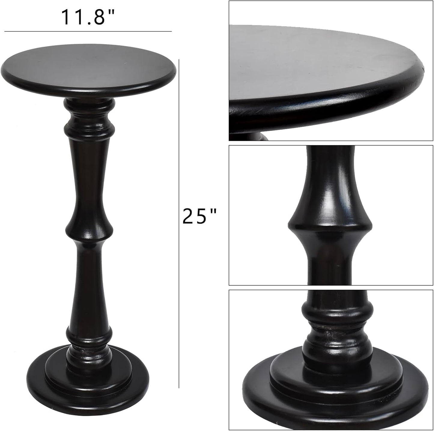 SwallowLiving Solid Wood Side Table - 12" Round Pedestal Drink Table for Small Spaces - Modern Black End Tables for Sofa Side & Narrow Nightstand - Elegant Tall Plant Stand & Accent Tables - 25" H