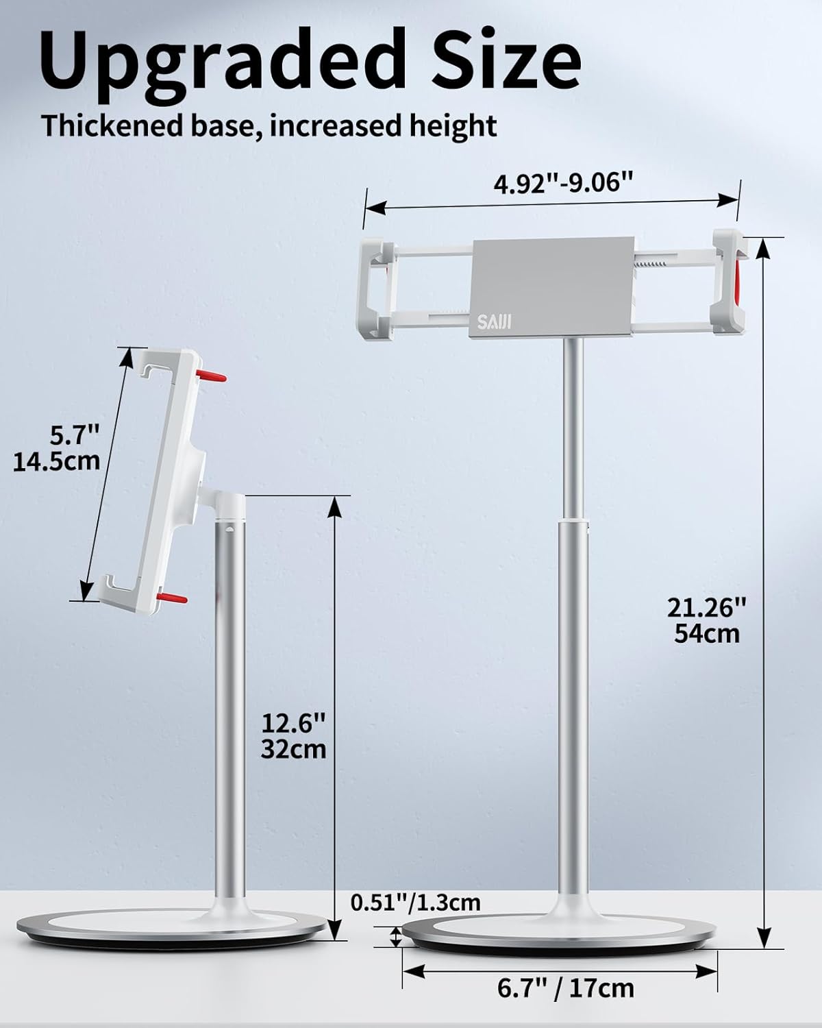 SAIJI Tablet Stand Holder, Extra-Height Adjustable Kindle Stand, 360 Degree Rotating iPad Holder, Aluminum Alloy Cradle Mount Dock for 4.7"-15.6" iPhone, Samsung, Tablets, Portable Monitor (Silver)