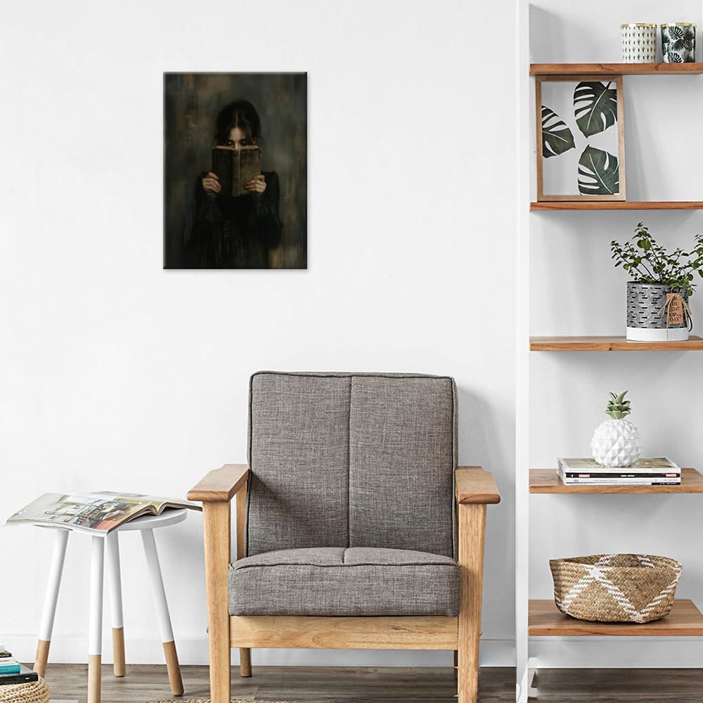 vintage Victorian Woman Reading Book Poster Print wall art Dark Academia Aesthetic Moody reading Wall Decor for Library book nook decor 08x10in Wrapped Canvas