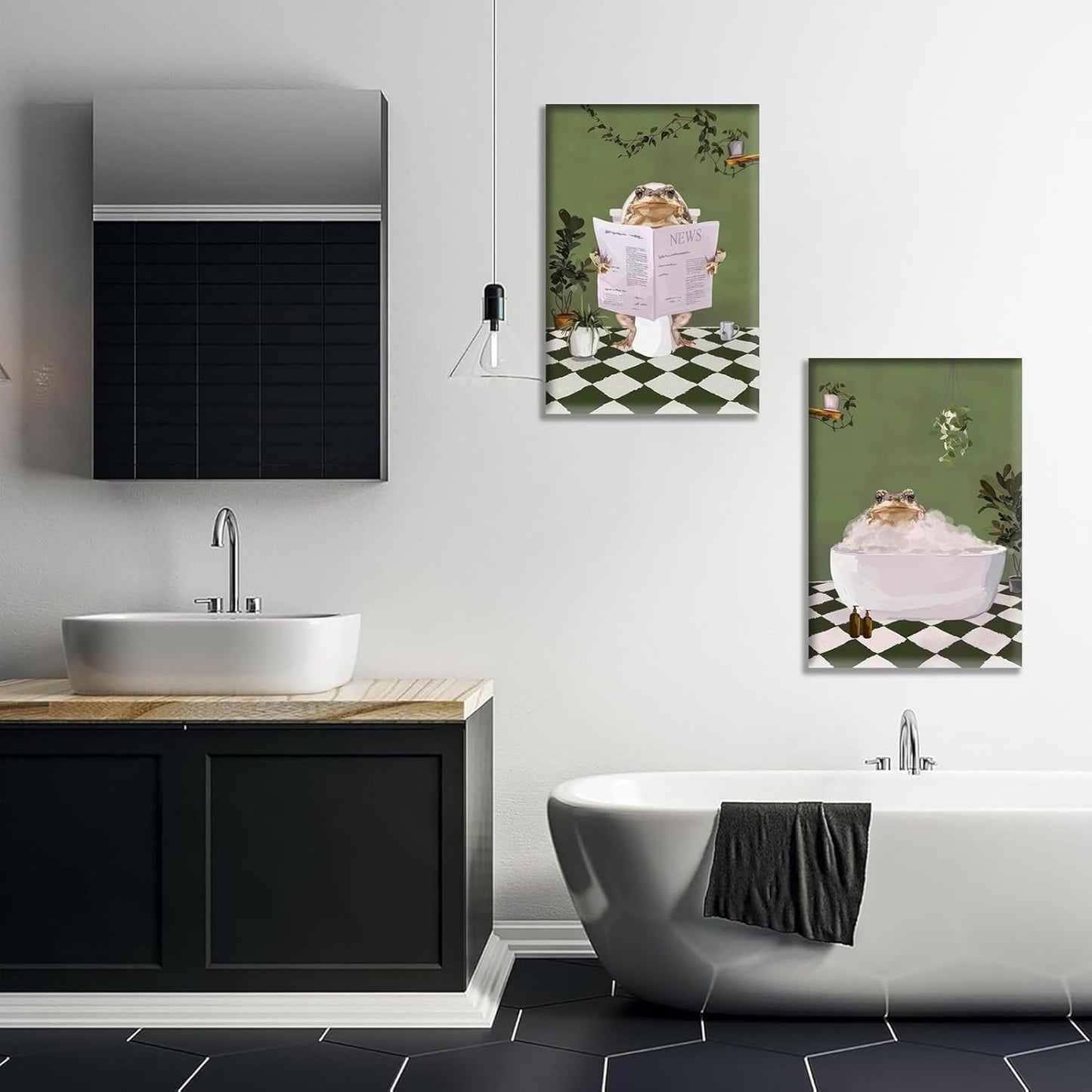 2Pcs Bathroom Frog Wall Art Creativity Aesthetic Maximalist Green Posters Pictures Frog in Bathtub Canvas Painting Funny Retro Eclectic Animal Reading Newspaper Prints Humor Toilet Wall Decor Framed