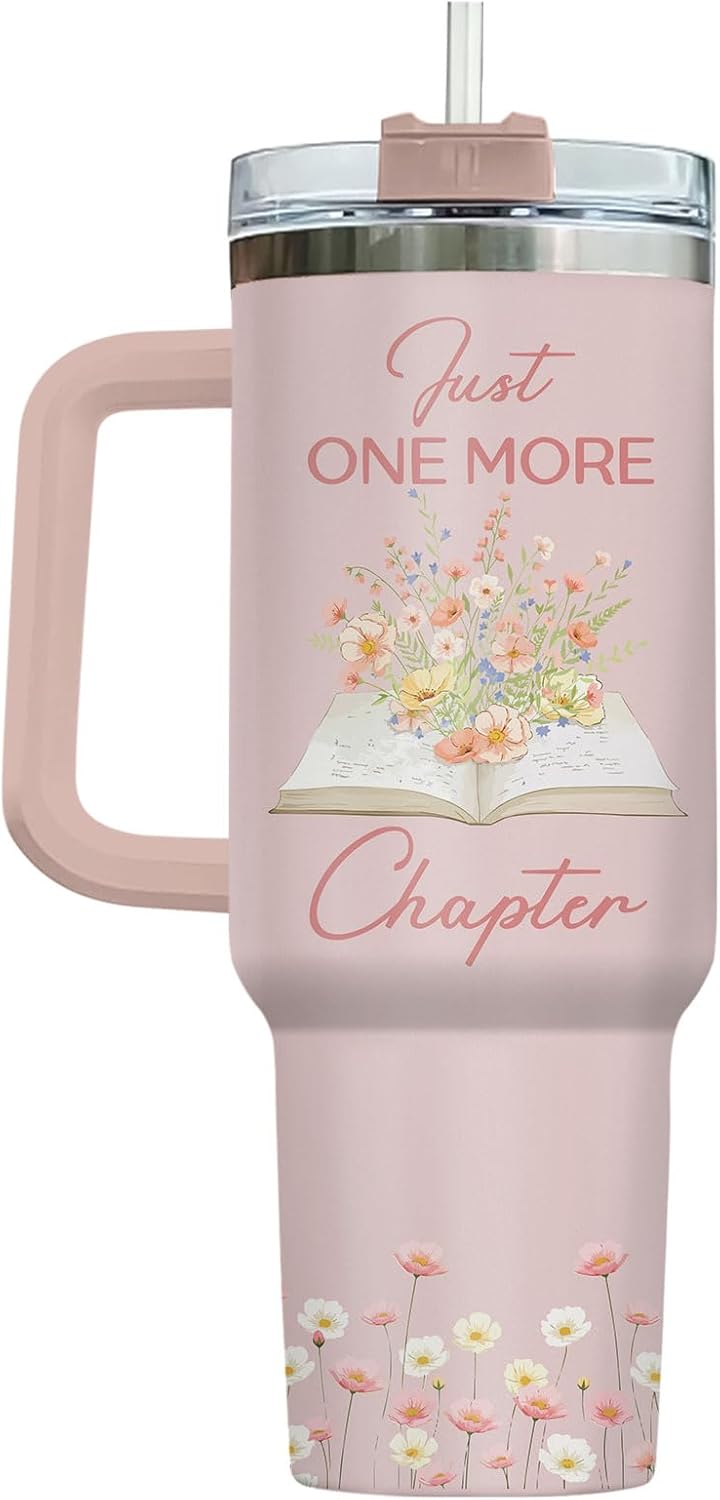 34HD Book Lover Gifts for Women 40 oz Tumbler with Handle - I Have No Shelf Control Funny Pun - Just One More Chapter Floral Travel Mug - Birthday Gift for Her