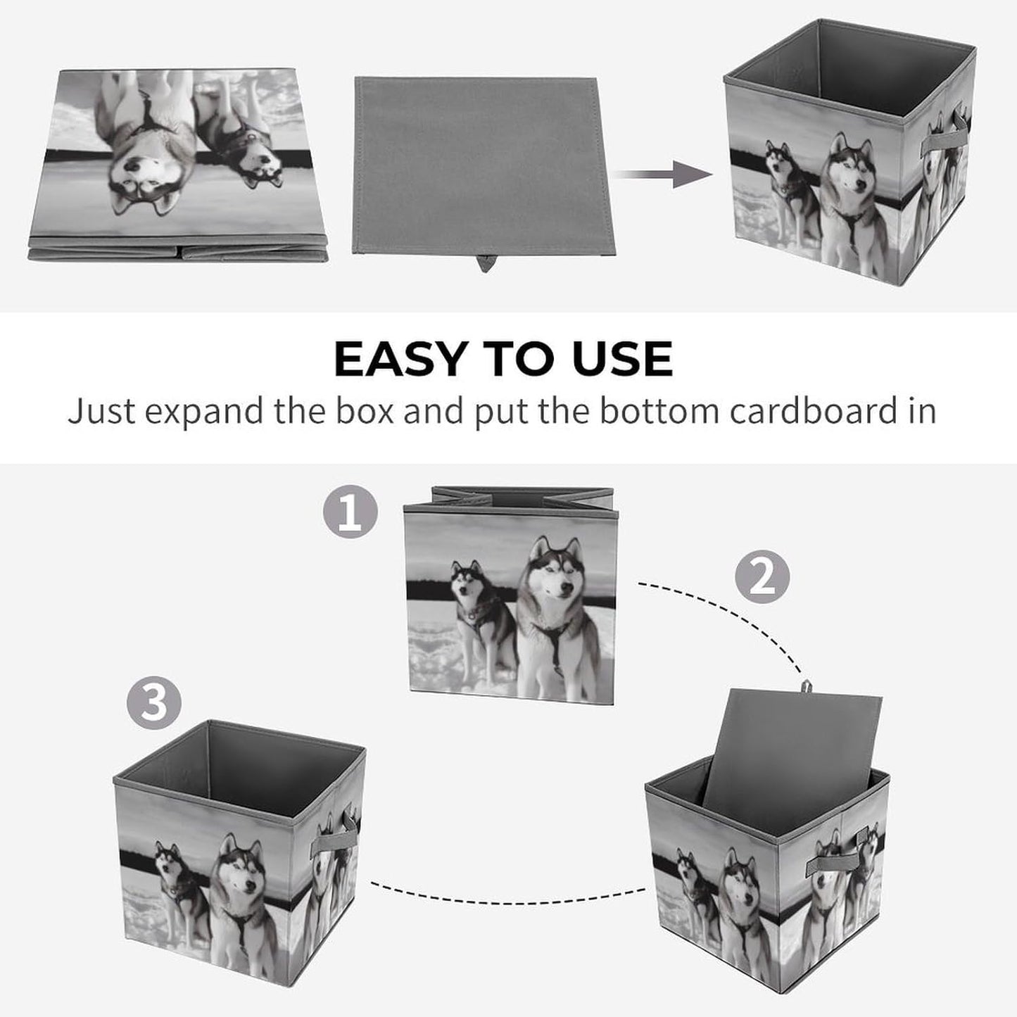 Husky Dogs Snow Storage Bins with Handles Fashion Large Storage Cubes Sturdy Foldable Storage Boxes Space-Saving Storage Baskets for Home Office Clothes Closet Organizers