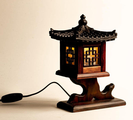 Traditional Korean Wood Lamp | Handmade Asian Oriental Table Lantern | Bedside Bedroom Accent Light | Unique Gift Idea | Pagoda Design (Brown) (Rock Temple)