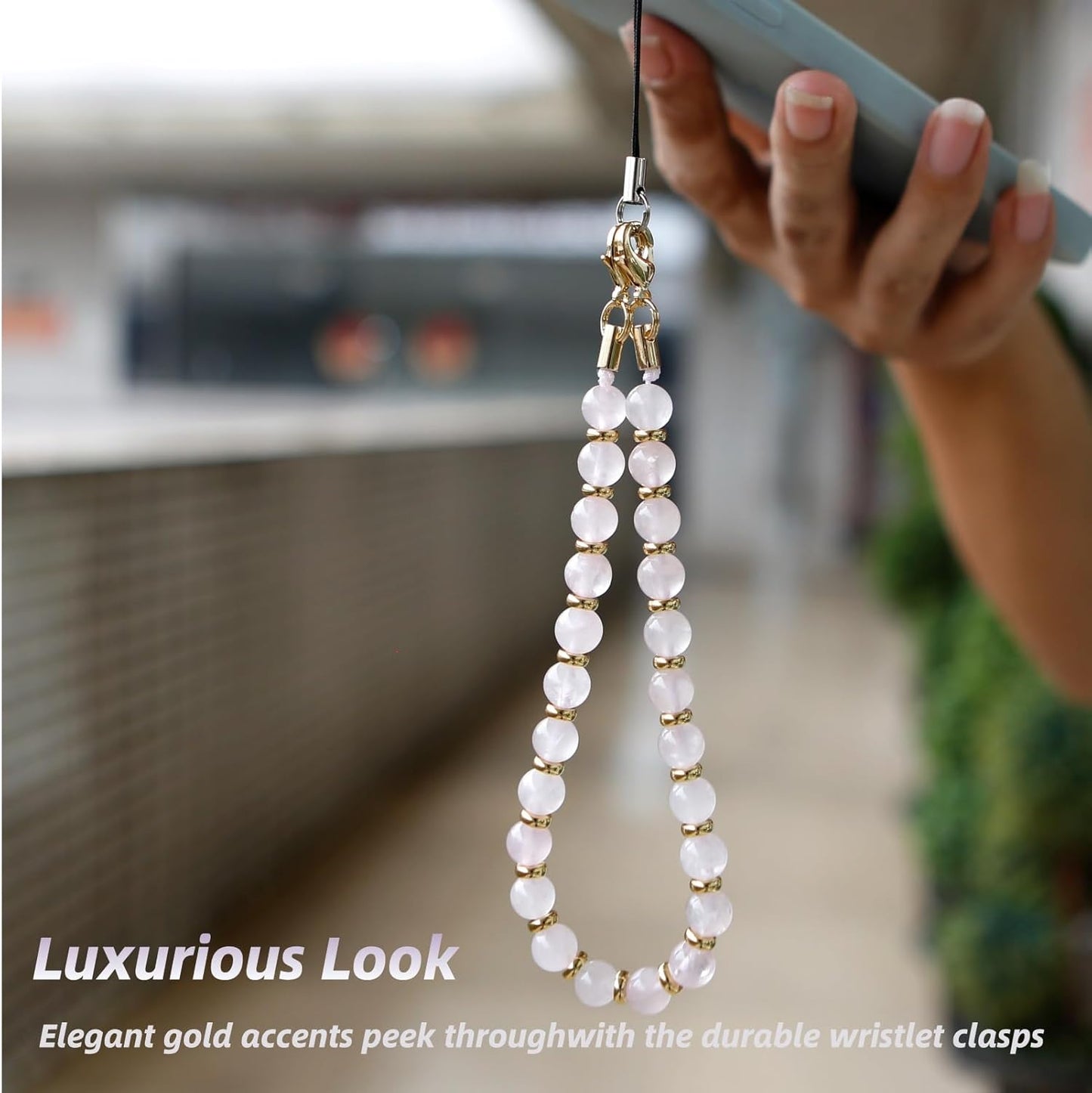 Marble Beaded Phone Wrist Strap,Detachable Phone Bracelet Strap with Tether Tab,Hands-Free Wristlet Strap (Rose Quartz)