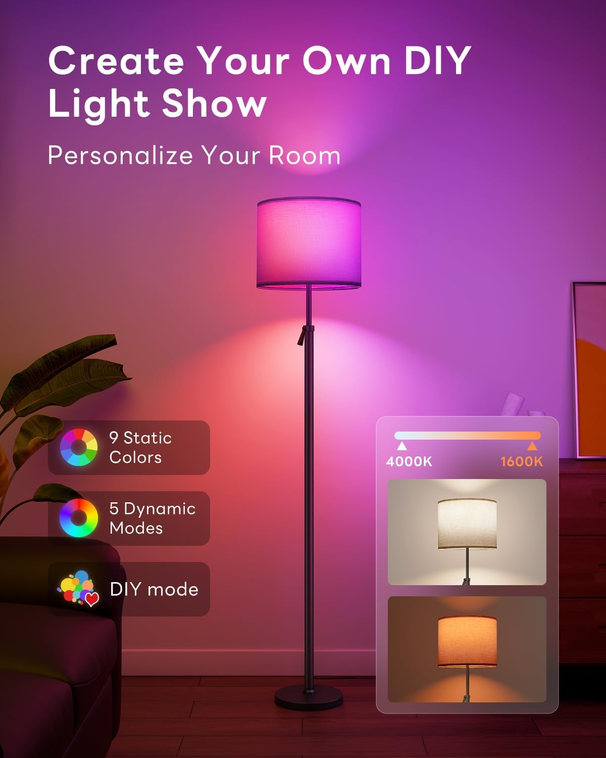 Floor Lamp for Living Room with RGBCW Color Changing Bulbs Dimmable, Adjustable Height Standing Lamp with Remote Control, 10W 1200 Lumen, Tall Lamp for Living Room, Bedroom, Office, Black