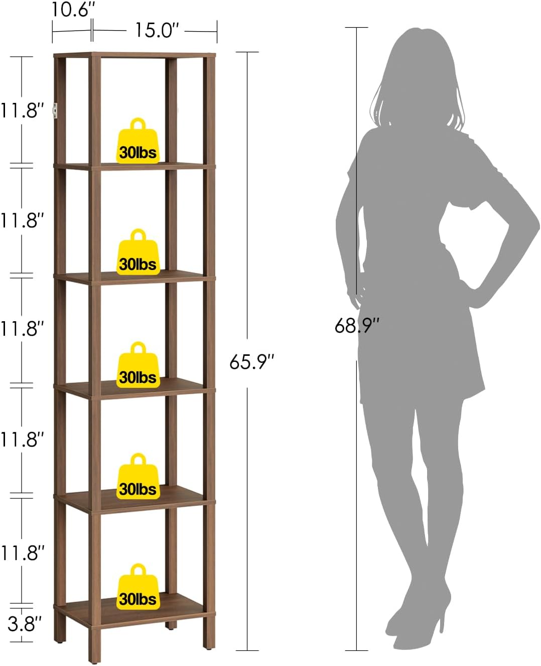 Open Book Shelf, 6 Tier Tall Bookshelf, Freestanding Shelf Narrow Bookcase with Open Shelves, 14.57" x 10.63" x 65.83", Book Shelves for Living Room, Office, Study, Walnut