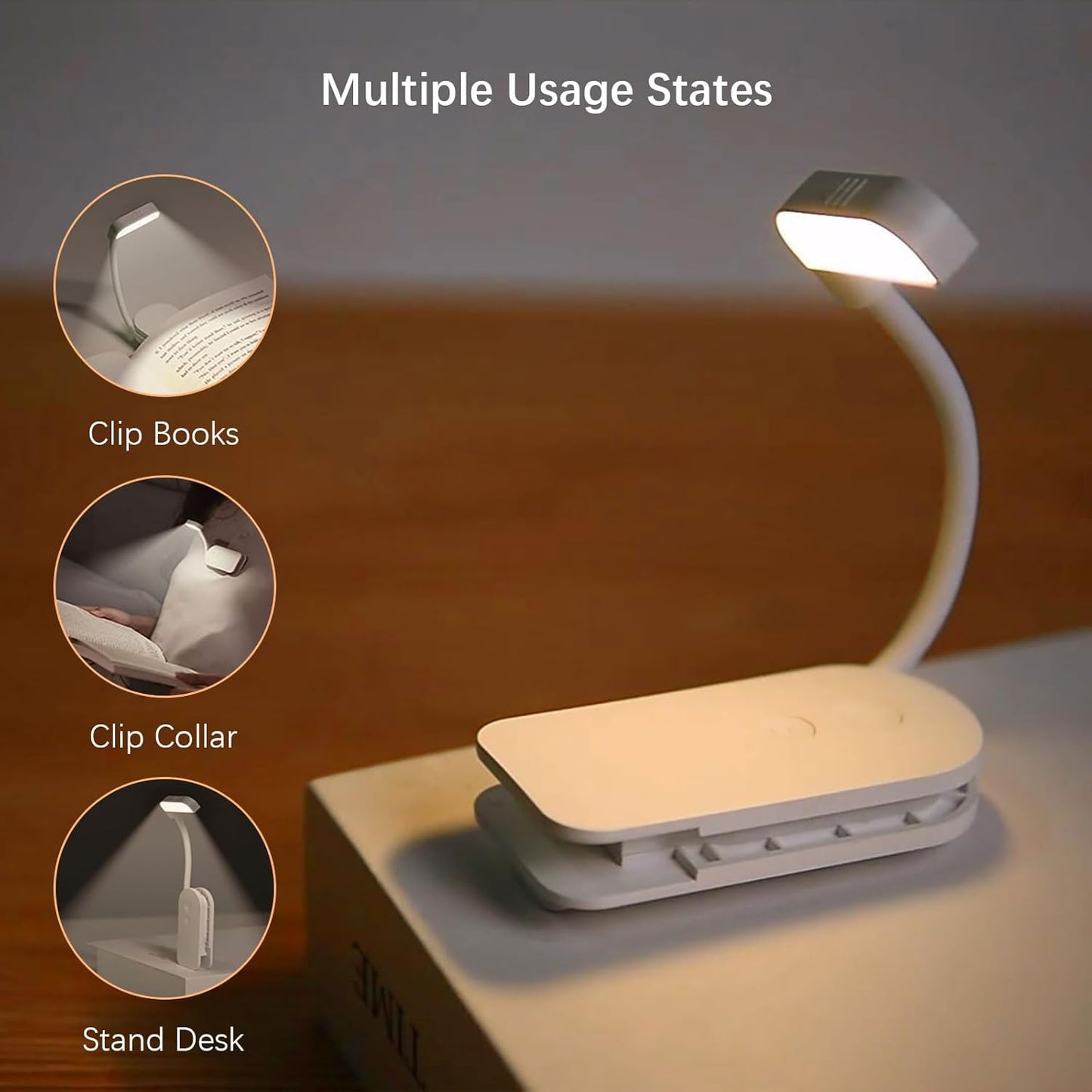 Portable LED Reading Lights, Eye Caring 3 Color Temperatures and Dimming Brightness Book Lights, Lightweight USB Rechargeable Clip-On Lamp for Book Lovers Night Reading (White)