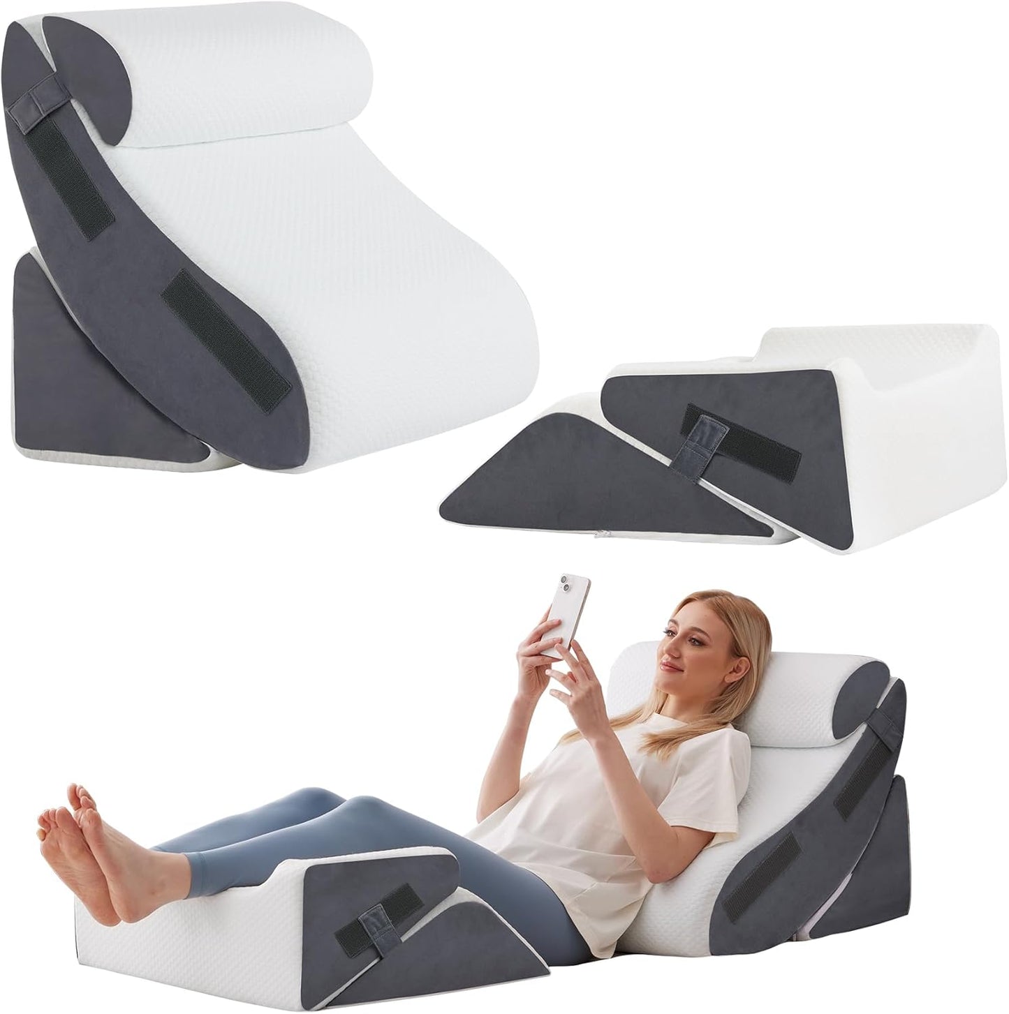 5Pcs Wedge Pillow Set for After Surgery, Orthopedic Bed Wedge Pillow Set for Post Surgery, Acid Reflux Relief, Sleeping, Back Pain Relief, Adjustable Back Pillow for Bed Sitting up, White/Grey
