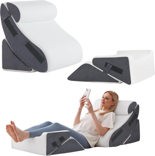 5Pcs Wedge Pillow Set for After Surgery, Orthopedic Bed Wedge Pillow Set for Post Surgery, Acid Reflux Relief, Sleeping, Back Pain Relief, Adjustable Back Pillow for Bed Sitting up, White/Grey