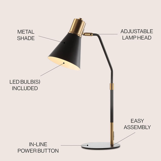 JONATHAN Y 22.5" Black/Brass Gold Metal LED Task Lamp, Contemporary Minimalist Iron Desk Lamp with Adjustable Head for Home Office, UL Listed, LED Bulb Included JYL6129A
