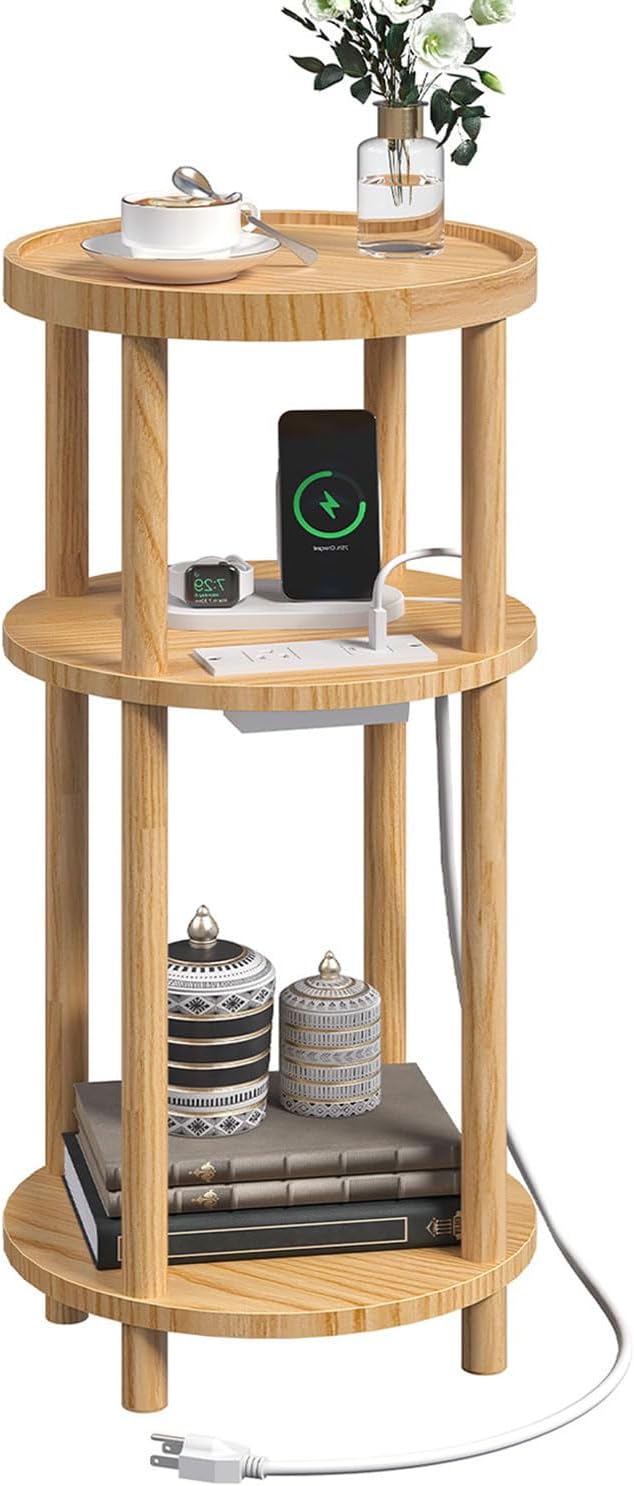 Small Round Side Table with Charging Station for Small Spaces, 3-Tier Solid Wood End Table, Compact Sofa Table Bedside Tables for Living Room, Bedroom, Apartment, Natural