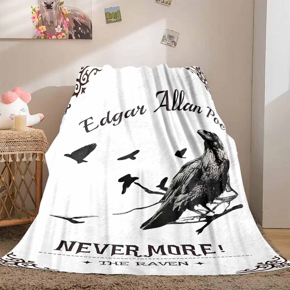 YWMAN Edgar Allan Poe & Raven Fleece Throw Blanket, Gothic Blankets Fuzzy Gifts for Sofa Couch Bedroom (50" x 60", The Raven)