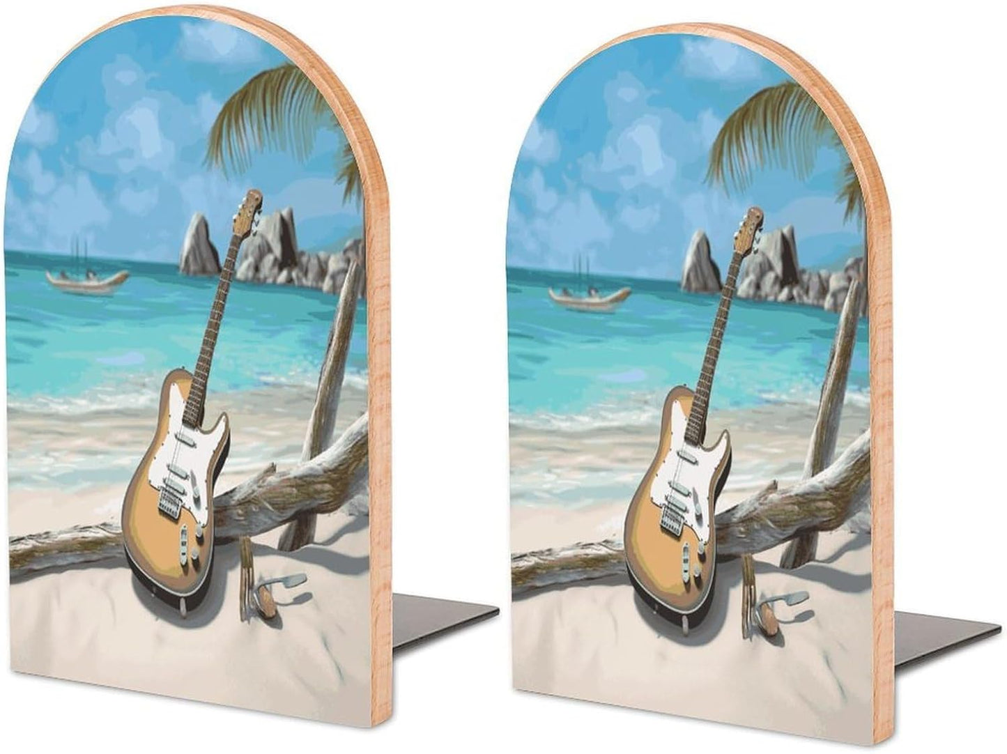 Non-Slip Bookend for Shelves Guitar on The Beach Wooden Bookends with Metal Base Decorative Book Stopper for Home Heavy Duty Wood Book Storage for Books/CDs