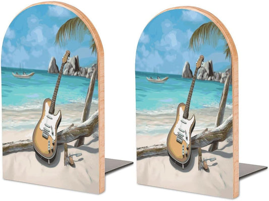 Non-Slip Bookend for Shelves Guitar on The Beach Wooden Bookends with Metal Base Decorative Book Stopper for Home Heavy Duty Wood Book Storage for Books/CDs