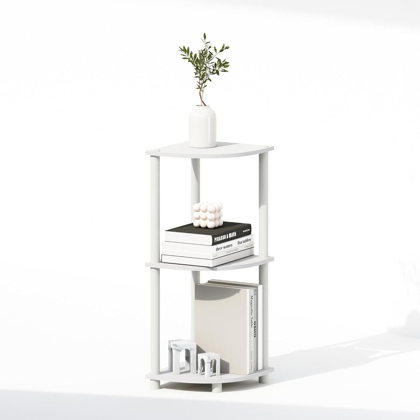 Furinno Turn-N-Tube Corner Shelf, 3-Tier Corner Bookshelf, Display Storage Shelves with Open Shelves, for Organization and Storage, Living Room, Home Office, Garage, White