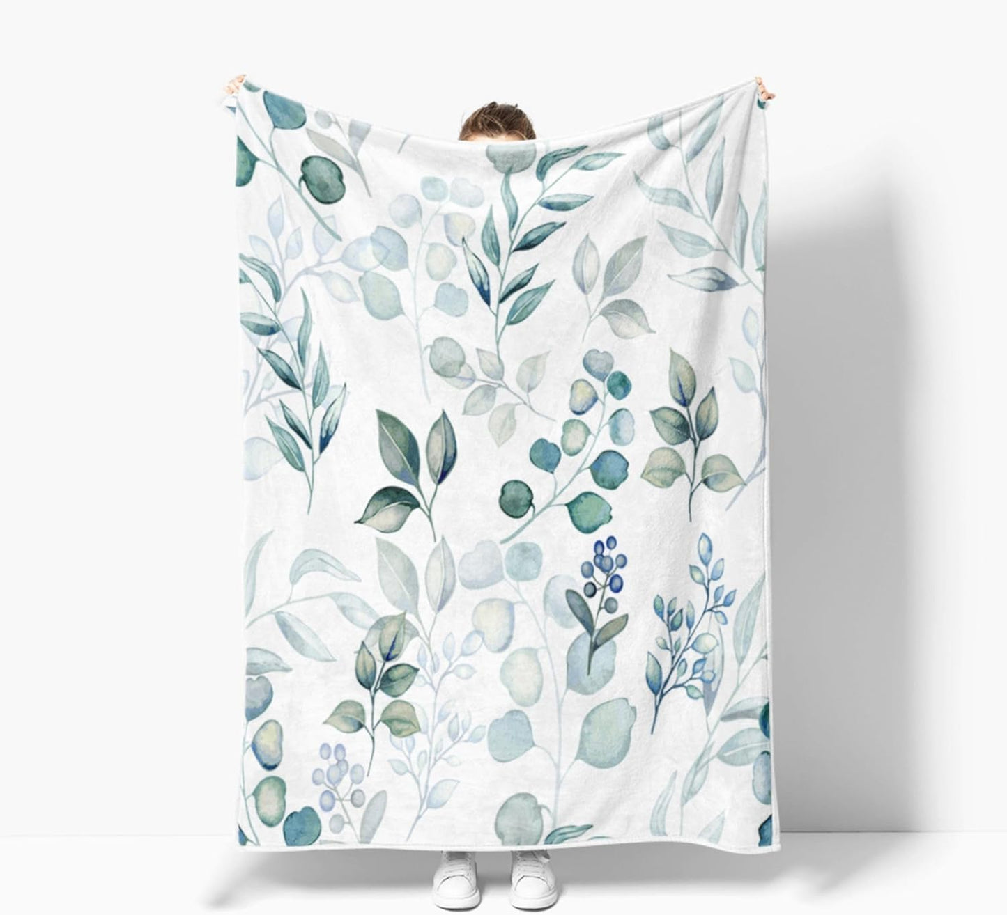 Sage Green Throw Blanket, Spring Throw Blanket for Couch Bed, Eucalyptus Leaves Floral Fleece Blanket, Camping Throw Blanket, Lightweight Soft Warm Cozy Blanket Plush Travel Throws Blankets,50"x60"