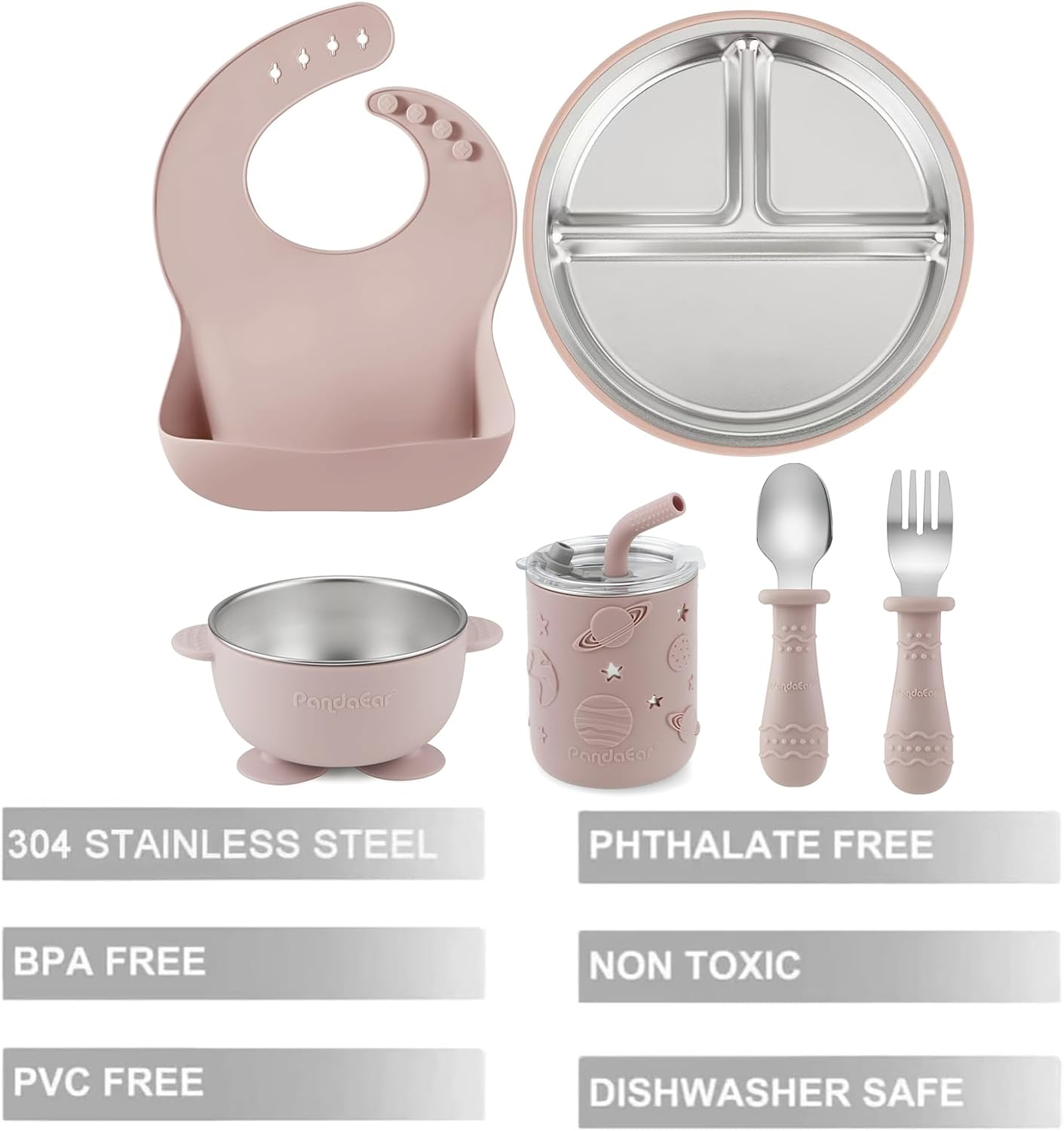 PandaEar 6-in-1 Stainless Steel Baby Feeding Set | Divided Suction Plate, Bowl, Sippy Cup with Straw, Bib, Spoon & Fork | BPA-Free Toddler Feeding Essentials for Self-Feeding (Pink)