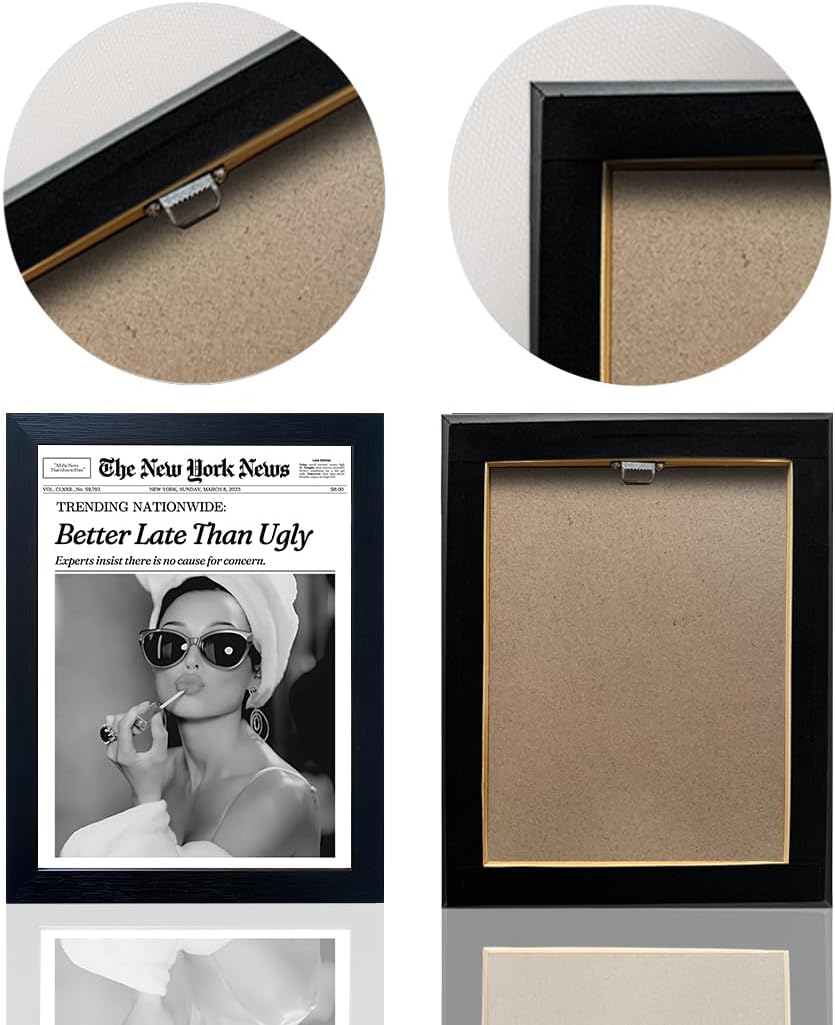 Trends Wall Art New York Poster Audrey Hepburn Wall Art Newspaper Better Late Than Ugly Poster Framed Black and White Retro Aesthetic Canvas Prints Feminist Girl Dorm Room Decor