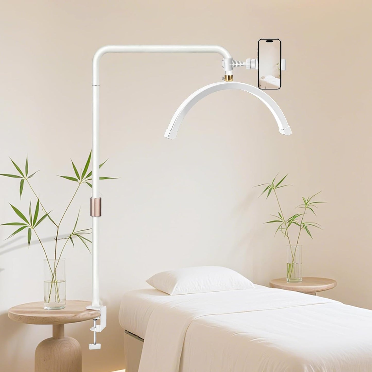 Half Moon Desk Light with Clamp, Touch Lash Lamp Nail Desk Light, Led Tattoo Light for Desk with Phone Holder, Adjustable 3 Color Lights for Lash Tech,Makeup,Photography,Reading,Work,Office (White)