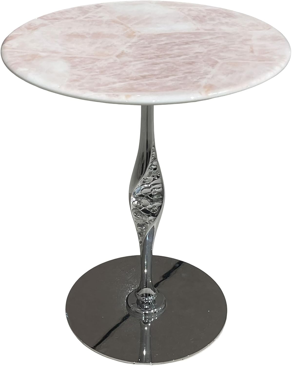Round Marble Bar Table, Pink Small End Table for Couch with Sliver Base, Bistro Cocktail Table Narrow Side Table for Tight Spaces Home Office Dining Room