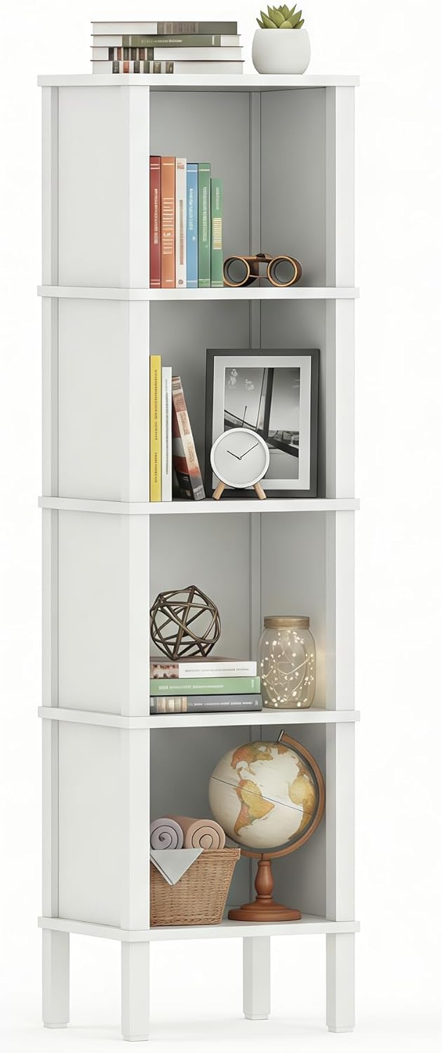 4-Tier Narrow Bookshelf for Small Spaces, Modern 4 Cube Bookcase, 14.2 x 11.2 x 52 Inches, Skinny Storage Shelving Unit, Open Display Rack for Bedroom, Living Room, Home Office,Corner (White)