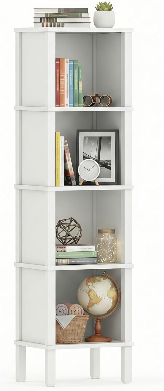 4-Tier Narrow Bookshelf for Small Spaces, Modern 4 Cube Bookcase, 14.2 x 11.2 x 52 Inches, Skinny Storage Shelving Unit, Open Display Rack for Bedroom, Living Room, Home Office,Corner (White)