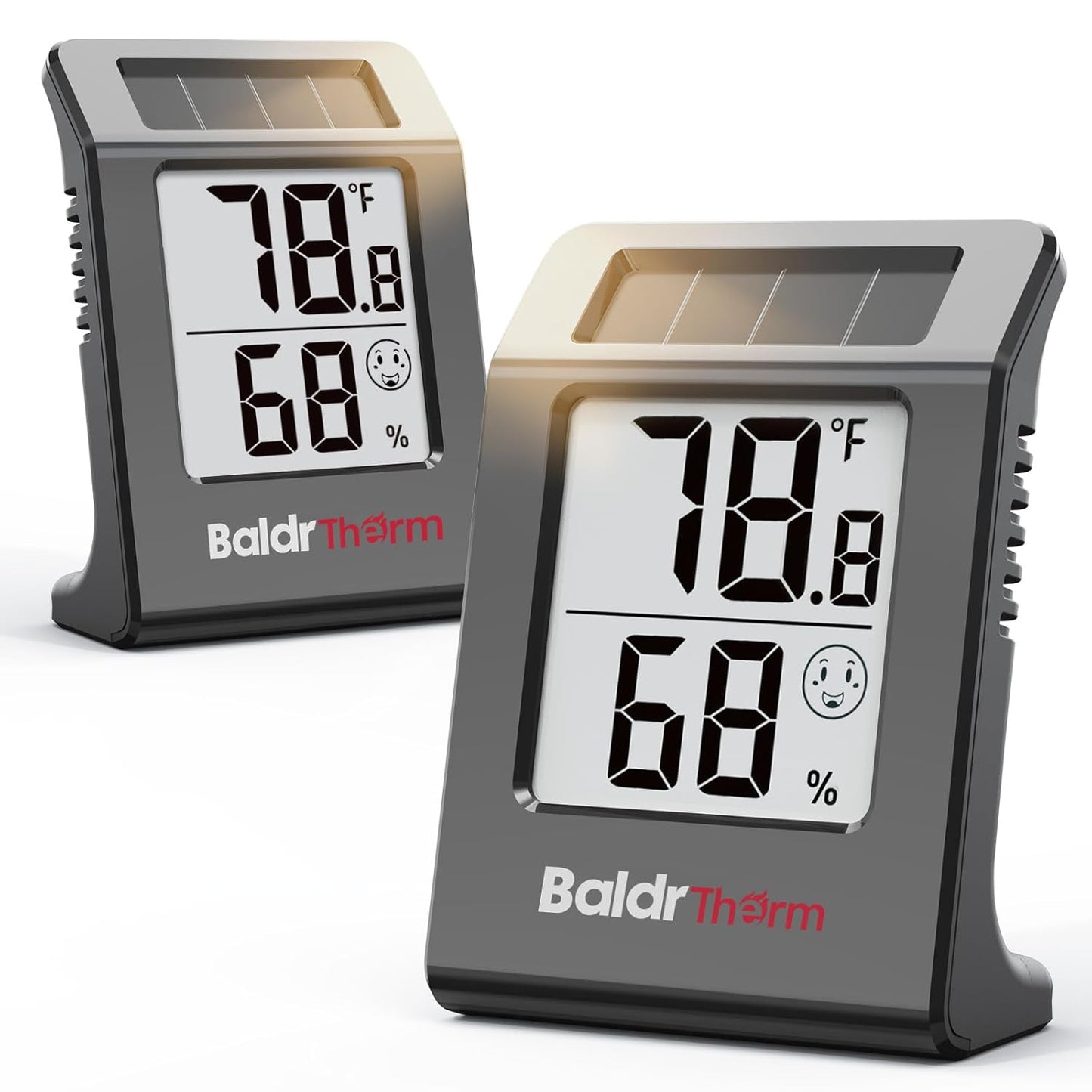 BALDR 2-Pack Digital Hygrometer Thermometer, Solar Power with Battery Backup Temperature and Humidity Monitor, Mini Room Thermometer with Comfort Indicator (Black)