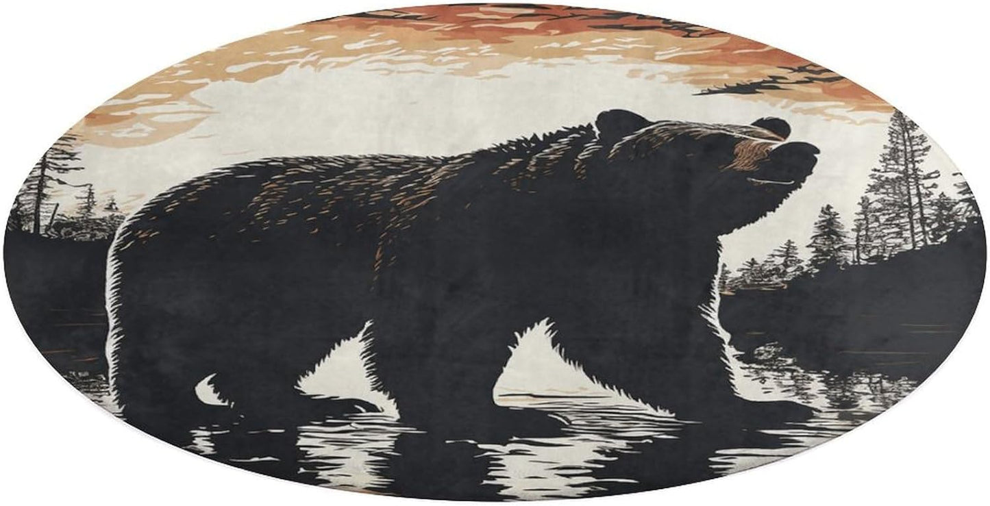 Bear Silhouette Circle Rug Retro Luxury Coral Velvet Floor Mat Non Slip Soft Indoor Floor Carpet Comfy Thickened Area Rugs Modern Aesthetic Minimalist Carpets for Home Decor