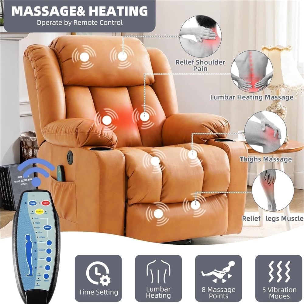 Large Power Lift Recliner Chair for Adults, Electric Massage Recliner with Heat, PU Leather Sofa with Cup Holders, USB Ports & Side Pockets, Comfortable Orange Reclining Seat