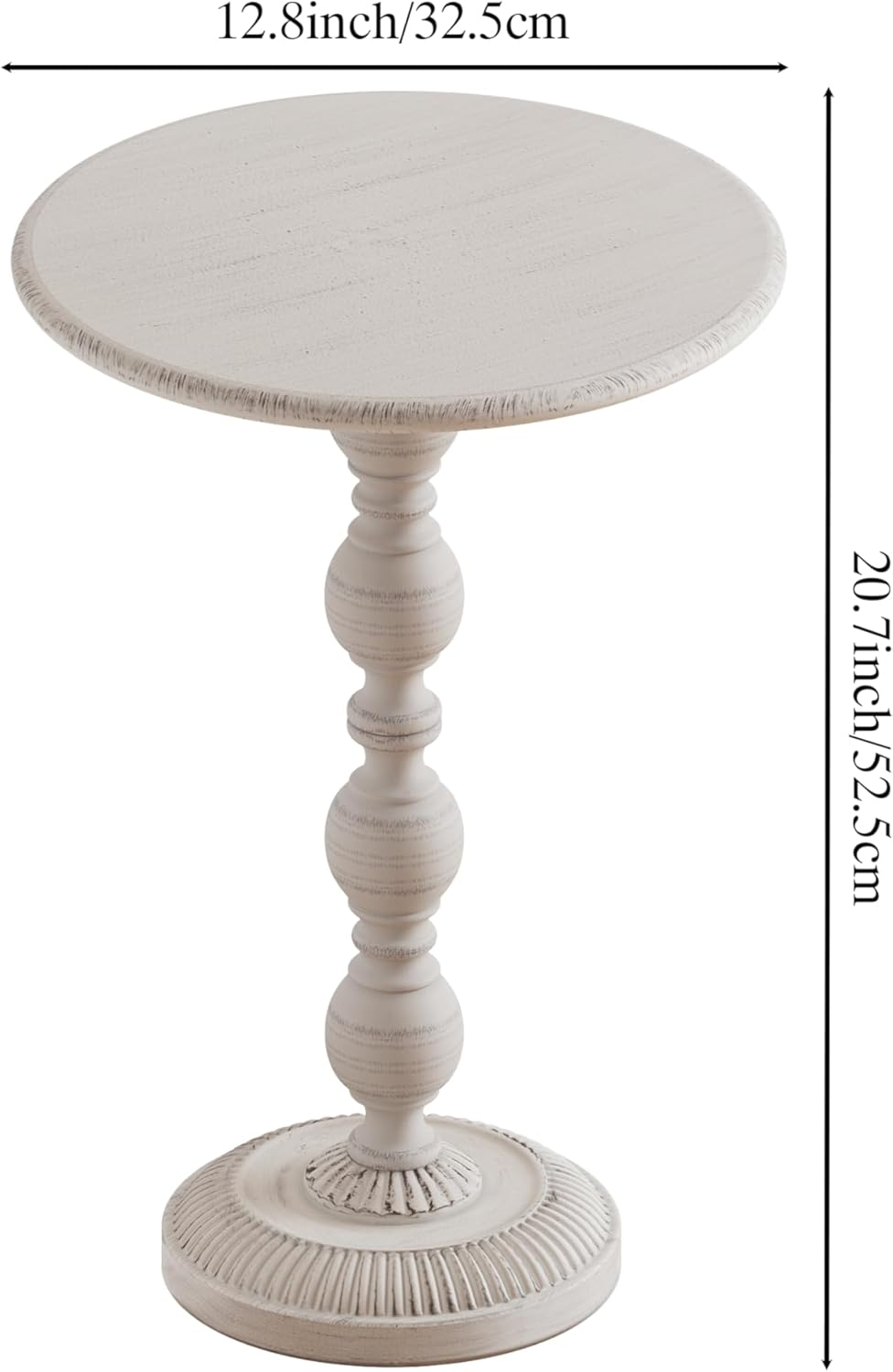 Small Round Metal Side Table, Lightweight Decorative Drink Table with Vintage Roman Column, Retro Distressed Accent Table for Living Room, Bedroom, Corners (2, Antique White)