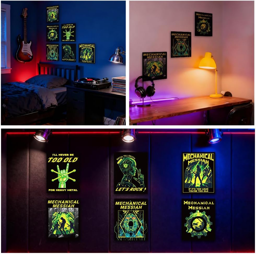 CRAFTYMELODY Cyberpunk Wall Art Prints Set of 6 Neon Green Rock Band Poster Wall Decor Home Artworks for Gallery Living Dining Room Bedroom Bathroom Home Decoration 8x10 Inch Unframed