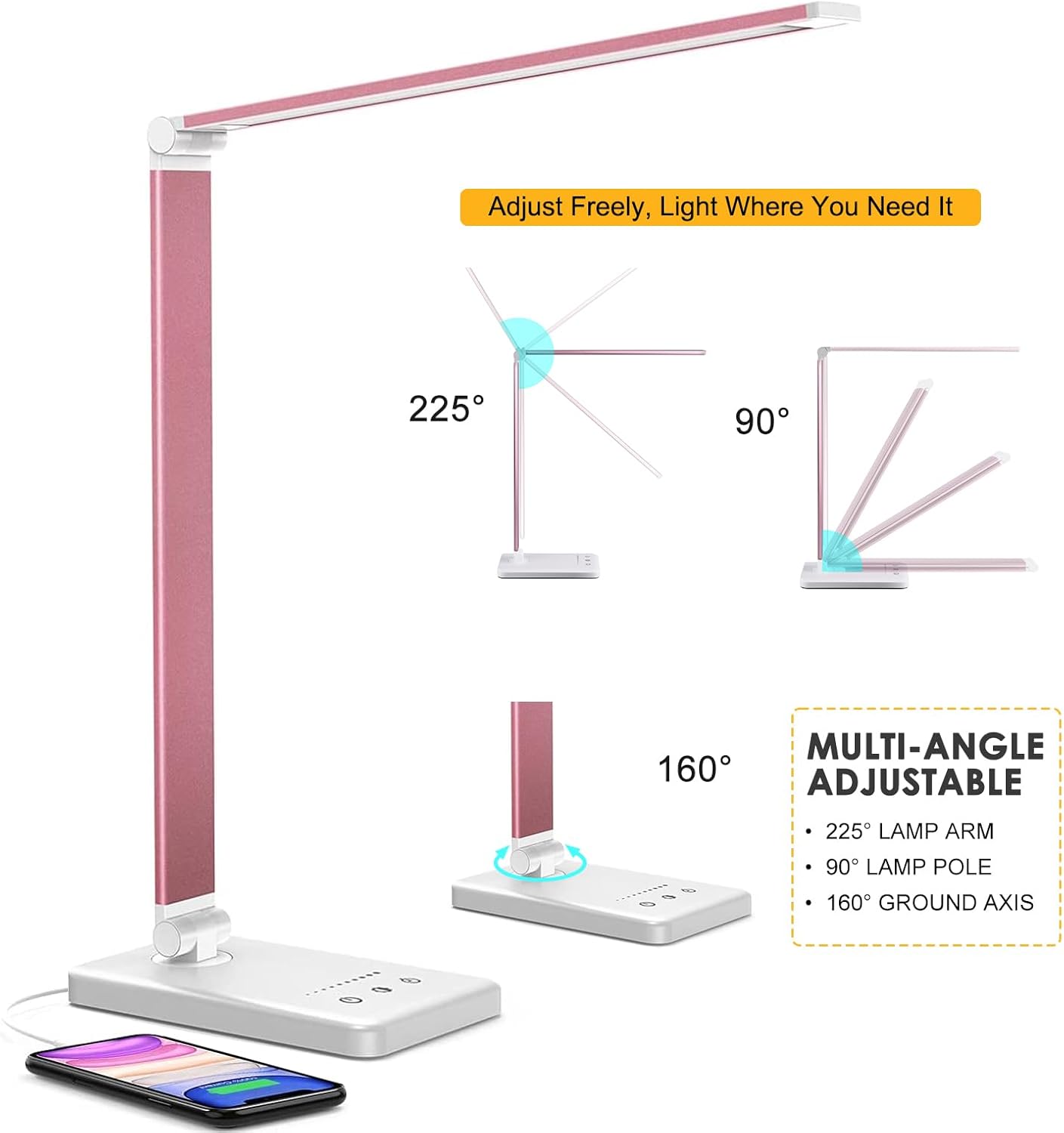 Led Desk Lamp, Desk Lamp with USB Charging Port, 5 Color Modes, 10 Brightness, Natural Light, Eye Caring Reading Lamp, Desk Light for Home Office, Table Lamp, Touch Control, Auto-Timer, Pink