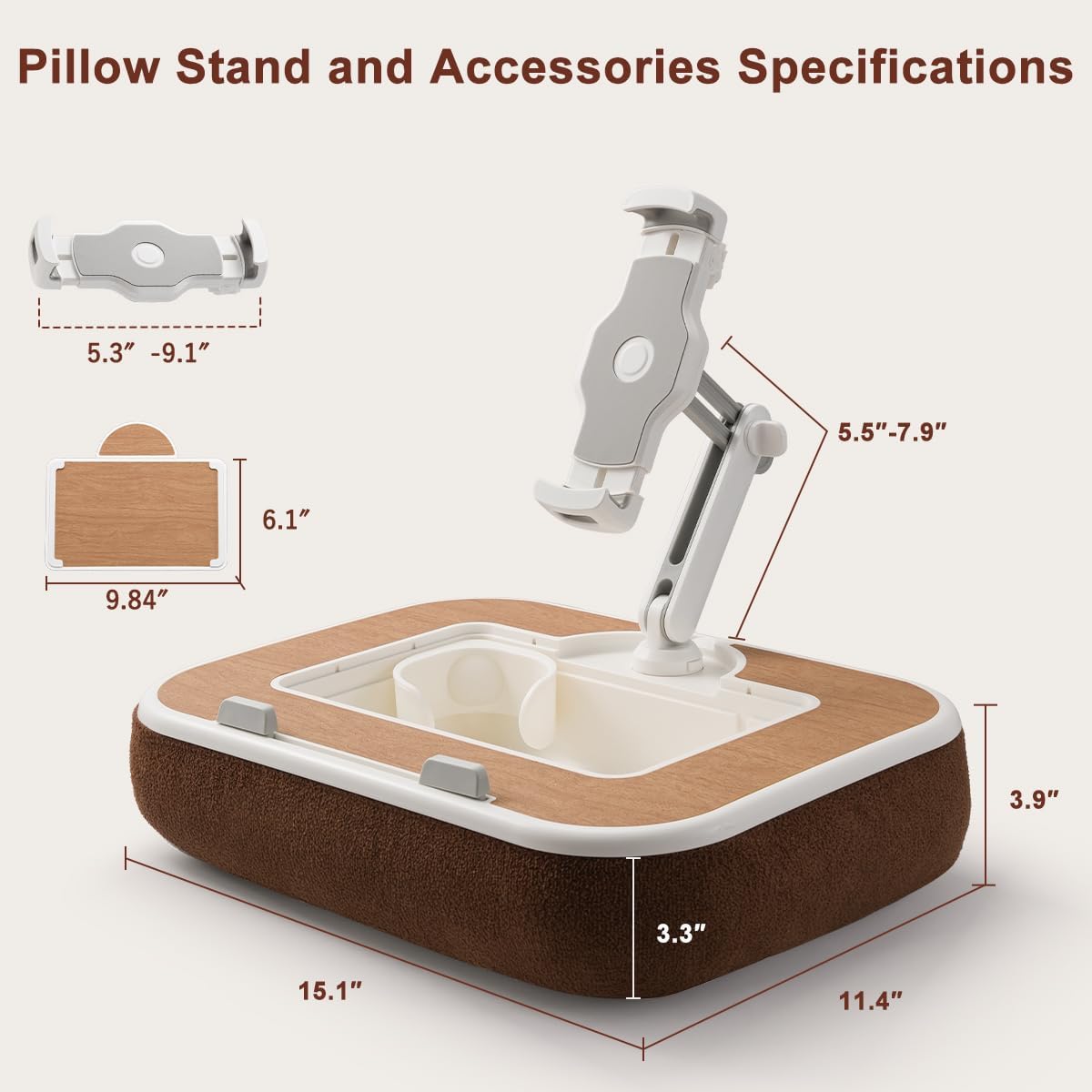 Tablet Pillow Stand with Snack Bowl, 360° Rotating Laptop Lap Desk for 4.7-13" Kindle/Tablet/Phone, 11-15" Laptop, Pillow Kindle Holder for Hands-Free Reading in Bed, Couch,Floor Etc-Wood Grain