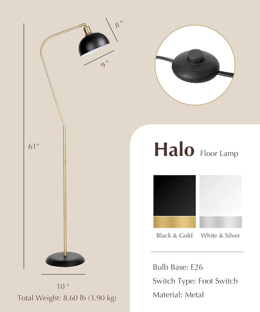 HarvestLand Halo Brass Floor Lamp Standing Reading Lamps Solid Base, Reading Lamp for Living Room, Bedside Table or Over Chair Use, Reading Light Standing Lamp, Adjustable Pharmacy Floor Lamp- Black