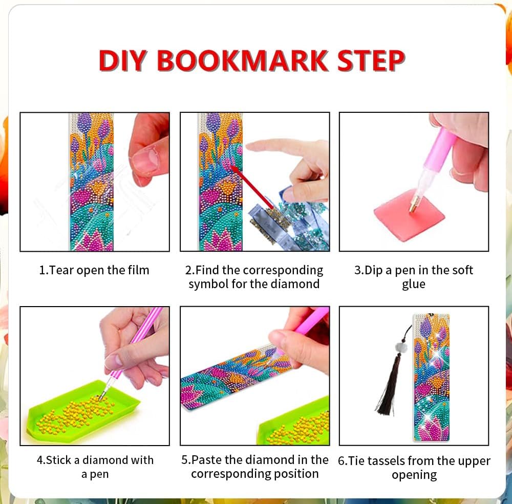 6 PCS Diamond Art Bookmarks Tulip, DIY Acrylic Diamond Painting Bookmarks Kits for Adult Reader and Crafts Lovers