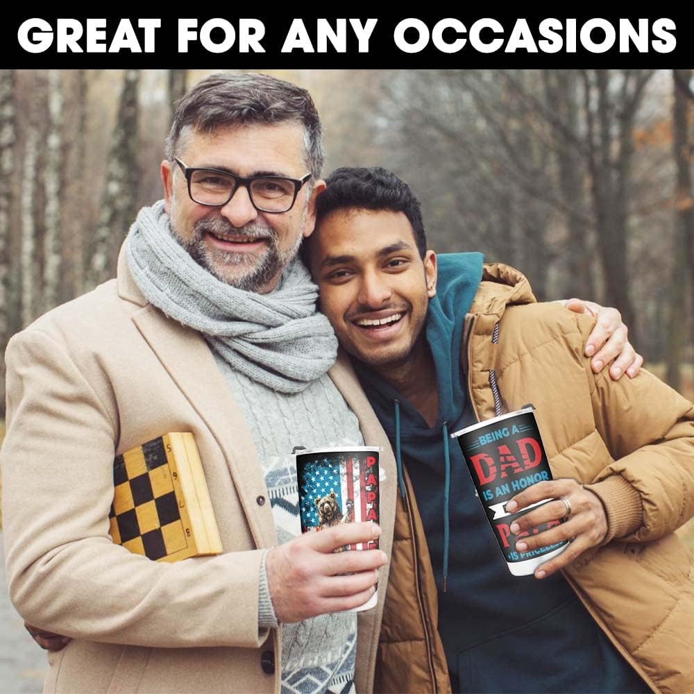 Papa Bear American Flag 20oz Stainless Steel Tumbler – Being a Dad Is an Honor Being a Papa Is Priceless, Insulated Coffee Travel Mug, Gift for Papa Dad Men