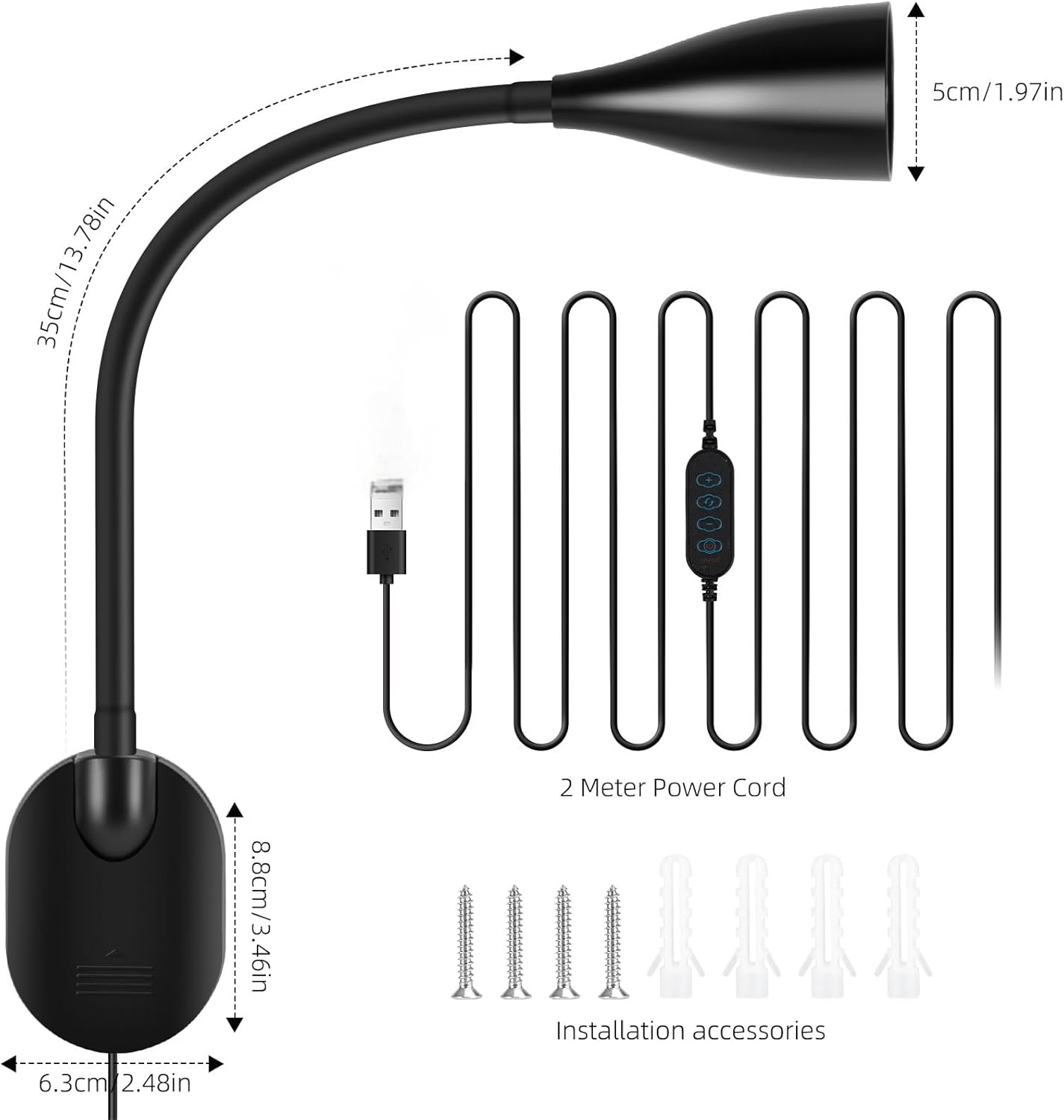 LED Wall Mounted Reading Light, 5 Color Modes 10 Brightness Dimmer, USB Charging Port, Memory & Timer, Adhesive Book Light for Reading in Bed, Eye-Caring Wall Lamps for Bedside Reading Bedroom Black