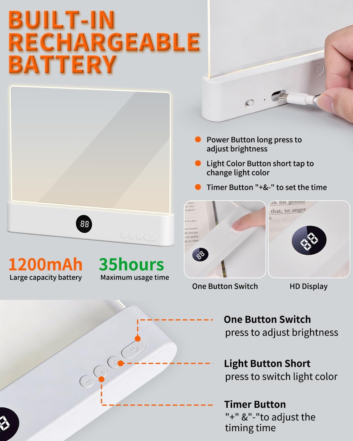 Book Light Rechargeable Clear LED Flat Lights for Reading in Bed at Night Smart Treasure Box with 3 Colors Timer Doodleable Study Lamp Dimmable Panel Plate Full Page Eye Protection Bookish Gift(White)