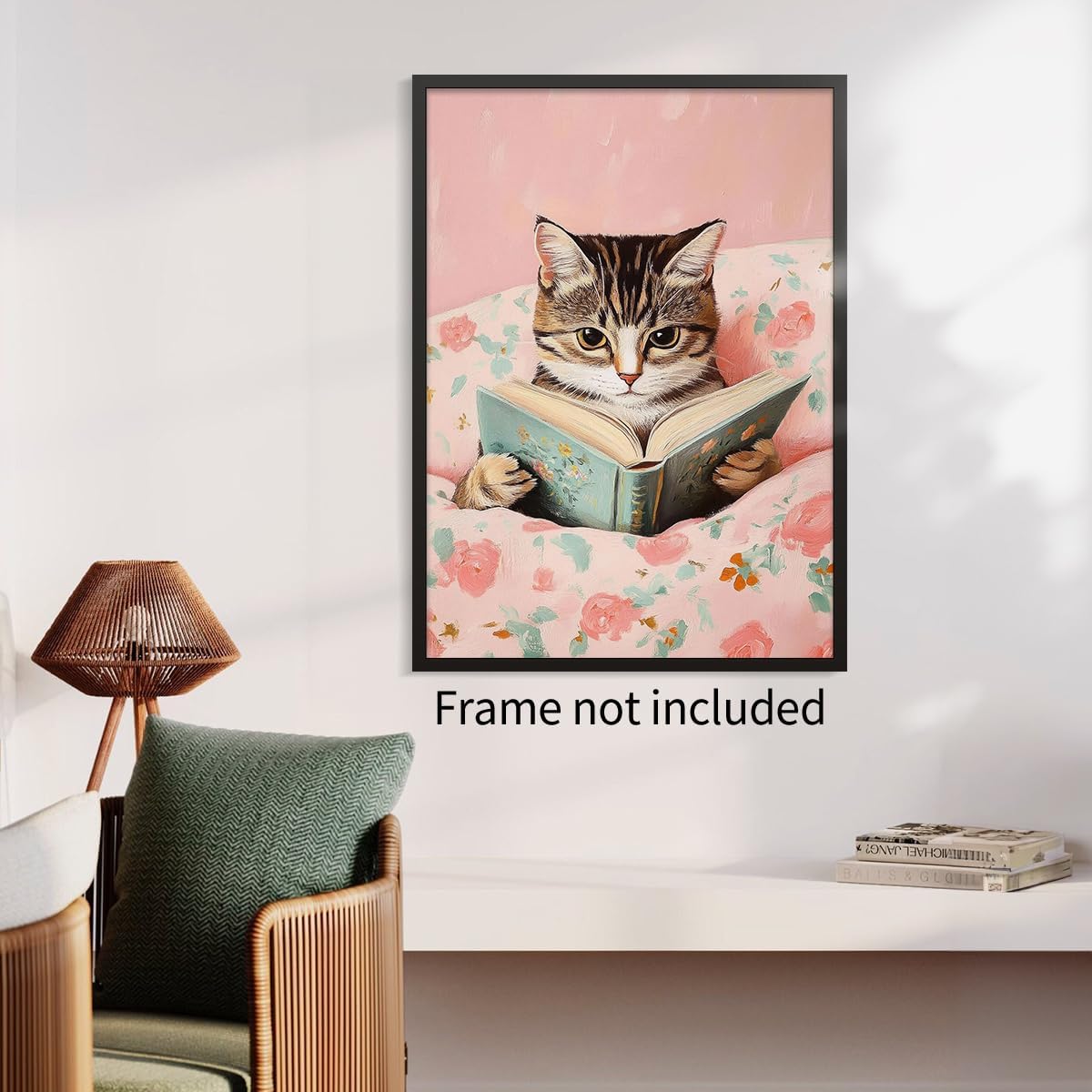 Funny Tabby Cat Reading Books Canvas Wall Art Pink Girly Room Posters Cute Animal Kids Prints Vintage Cat Lovers Wall Decor For Teen Bedroom Dorm Living Study Room 12x16in Unframed