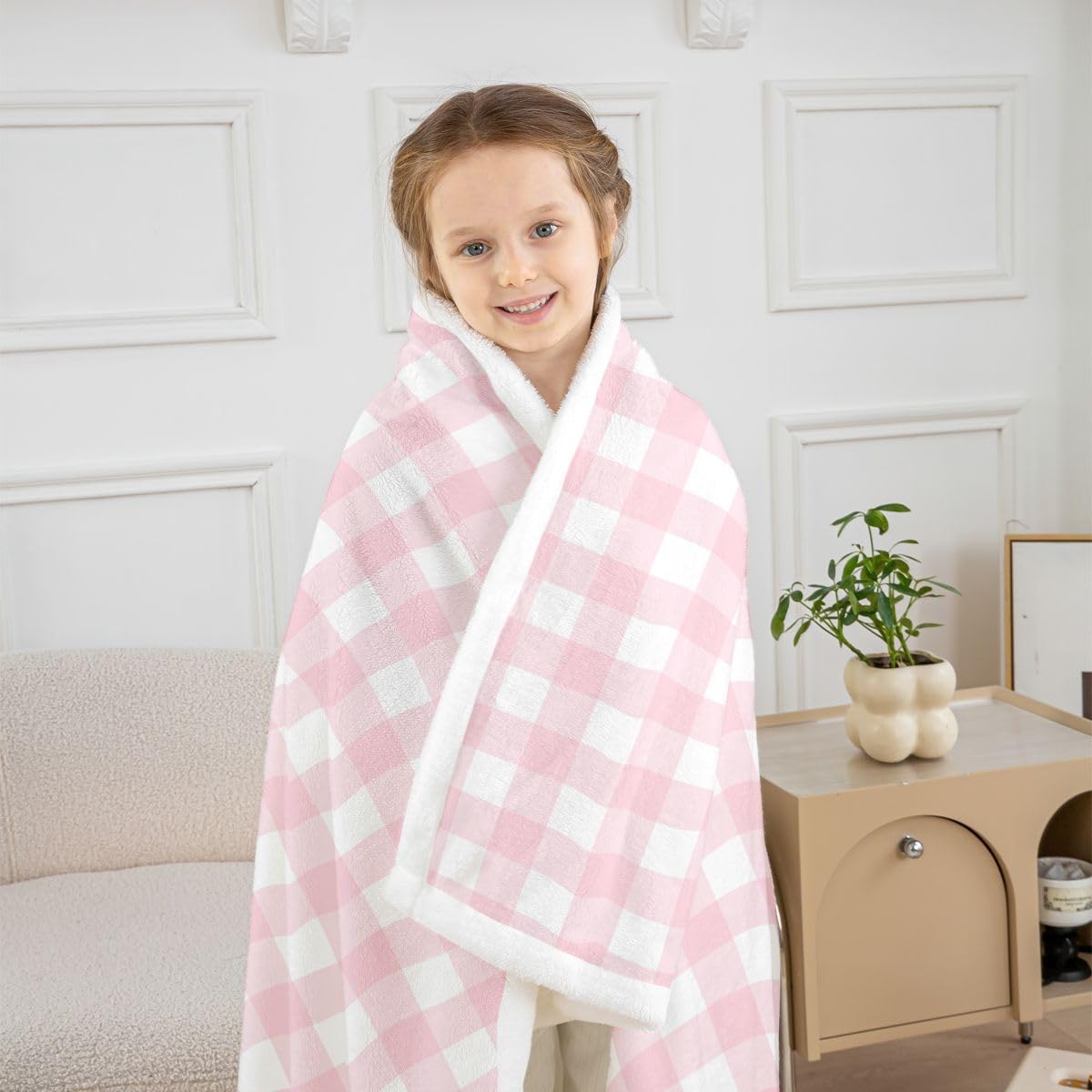 Feelyou Pink Plaid Throw Blanket Buffalo Check Soft Fleece Sherpa Cozy Fuzzy Plush Warm Colorful Grid Fuzzy Plush Throw Twin 60"x80" for Bed Couch Living Room