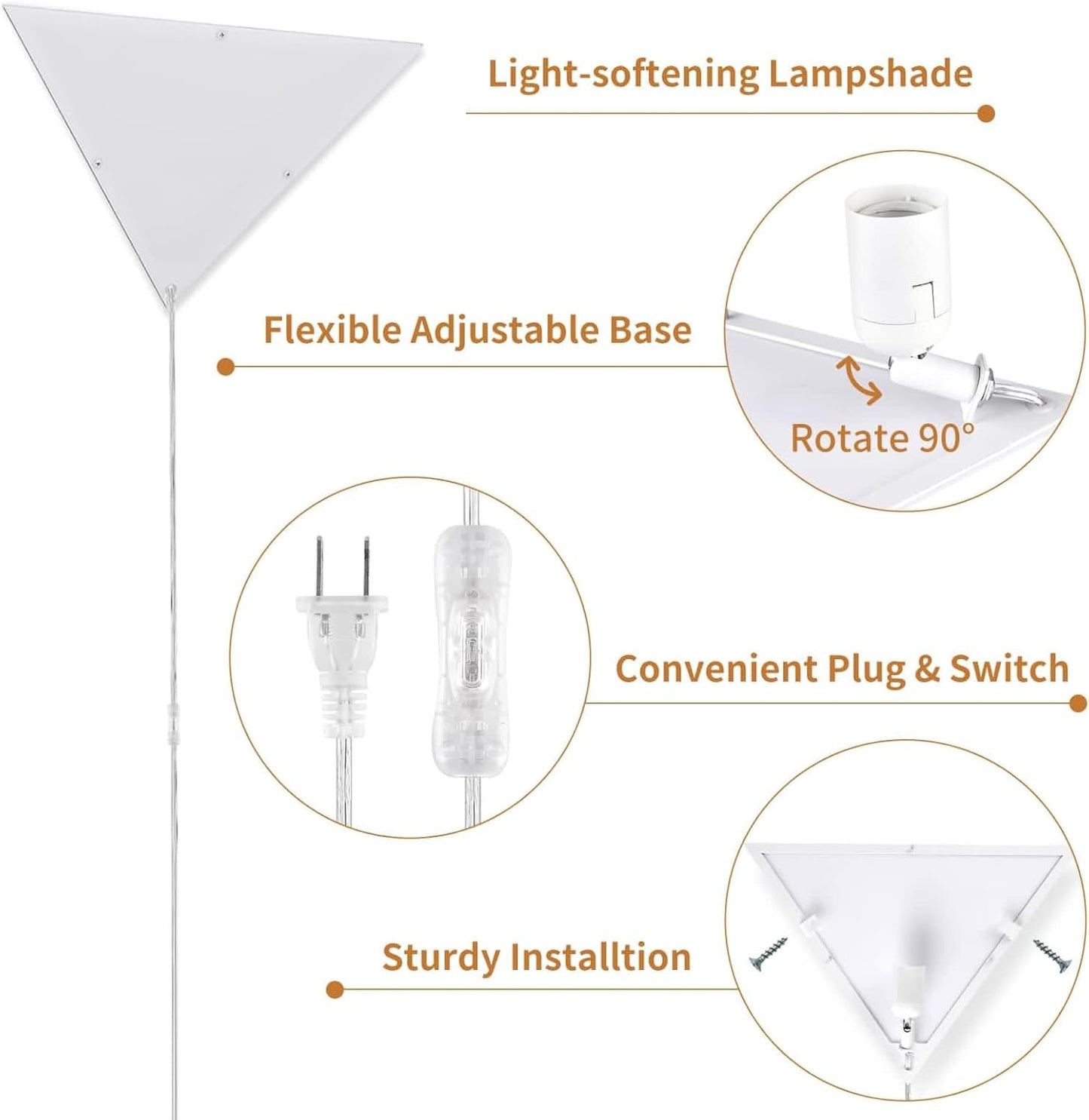 Corner Light with Switch, Ceiling Corner Lights for Living Room, Plug in Ceiling Light for Dark Area, Lamp for Bedroom, Kids Room, Triangle Shape