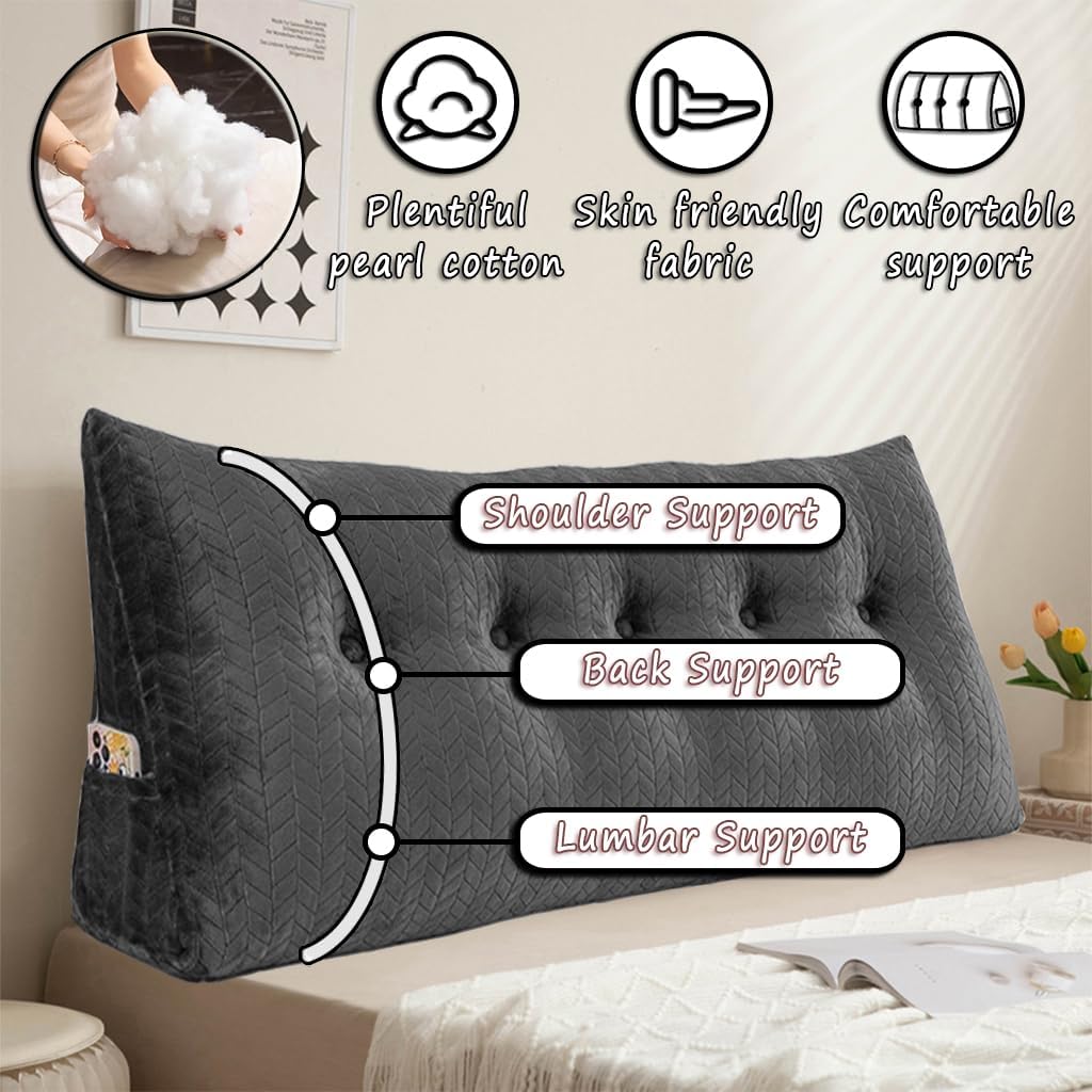Velvet Triangular Wedge Pillow, Removable Cover Headboard Pillow for Daybed, Backrest Positioning Support Pillow Cushion Resting Reading (Light Gray, Queen(59 * 20 * 8in))