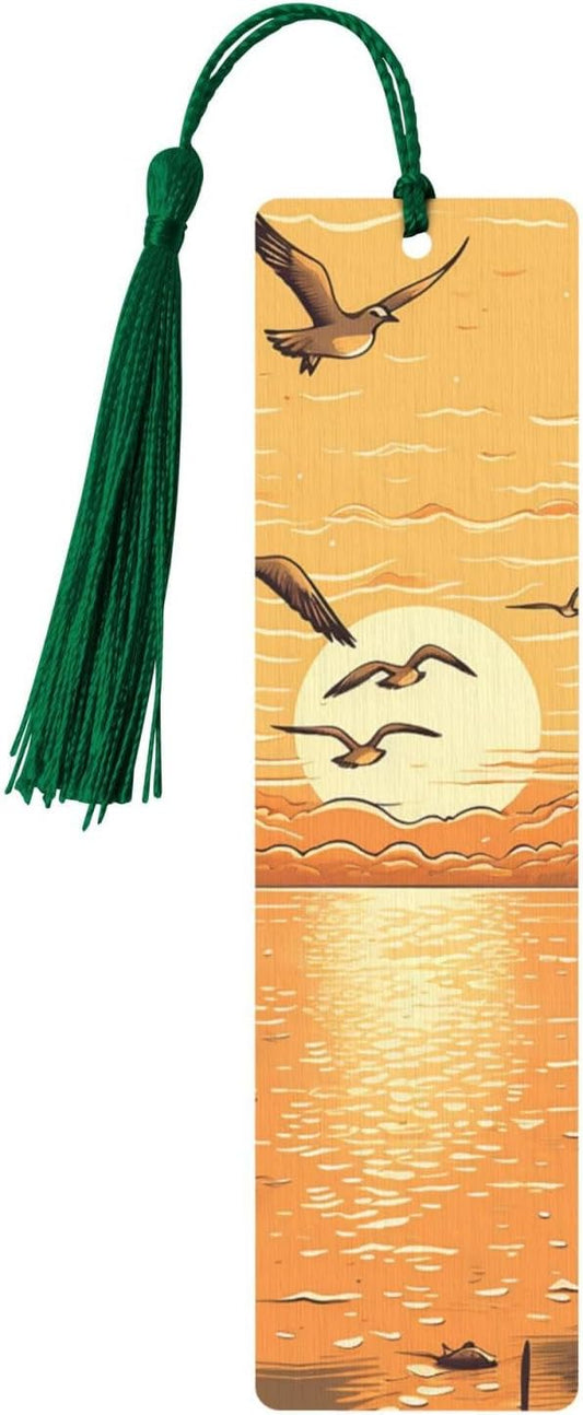 Seagulls Flying Over Bookmarks Gifts for Women Men, Wooden Bookmarks for Book Lovers, Vintage Book Marks Ornaments with Tassel, Unique Personalized Reading Page Markers Dark Green
