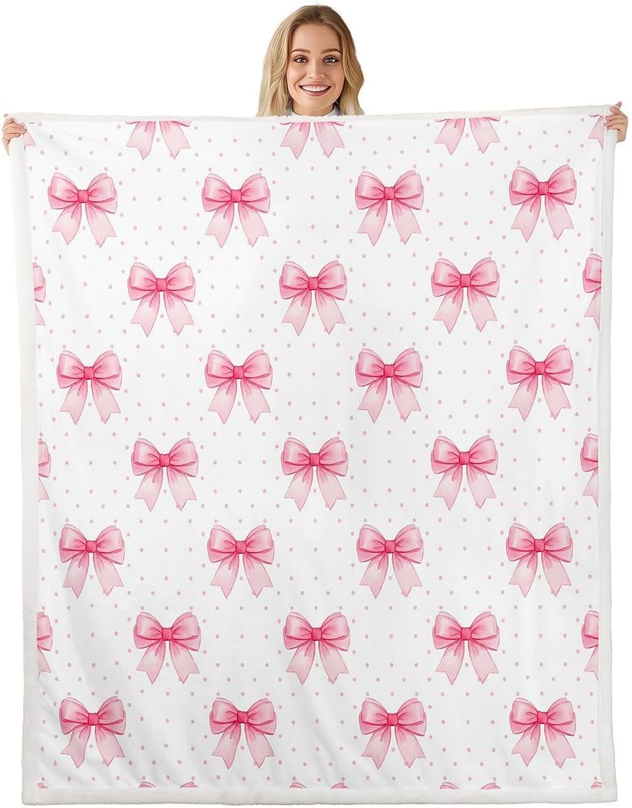 Feelyou Cute Bow Sherpa Throw Blanket for Couch Bowknot Pink Super Soft Cozy Fleece Polka Dots Blanket for Winter, Plush Throw Baby 30"x40" All Season
