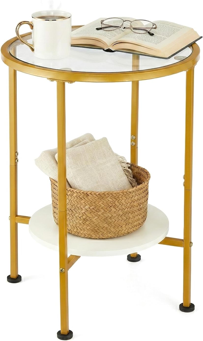 Round Gold Side Table, 2 Tier Tempered Glass Top End Table with White Storage Shelf for Living Room,Modern Small Nightstand for Bedroom,Metal Accent Bedside Table for Small Spaces