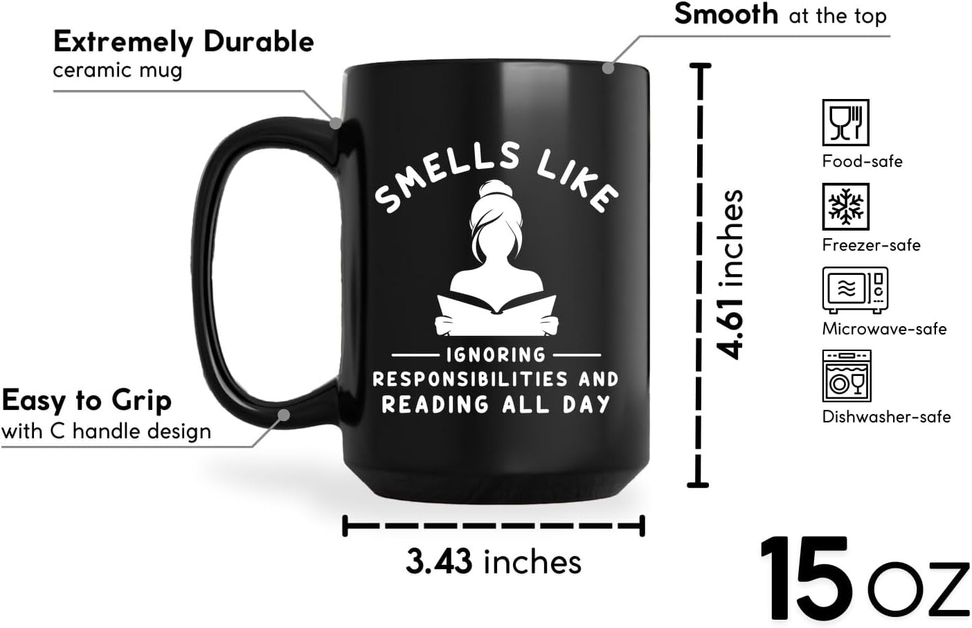 Book Lover Coffee Mug 15oz Black -Smells Reading - Gift For Book Reader Bookworm Bookish Librarian Nerd Men Women Book Club