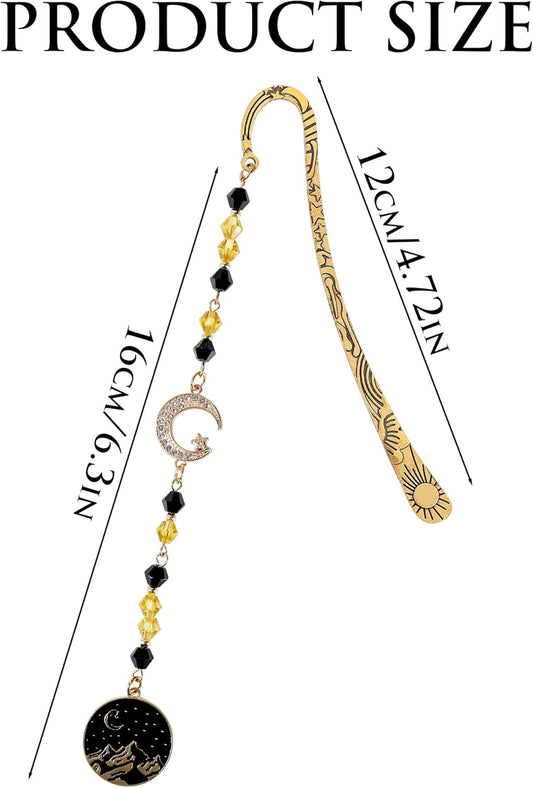 Fantasy Acotar Metal Bookmark - Retro Vintage Hook Book Marks Page Mark with Beaded Black Gold Moon Charm for Women Men Students Teachers Reading Lovers Birthday Gifts School Accessories