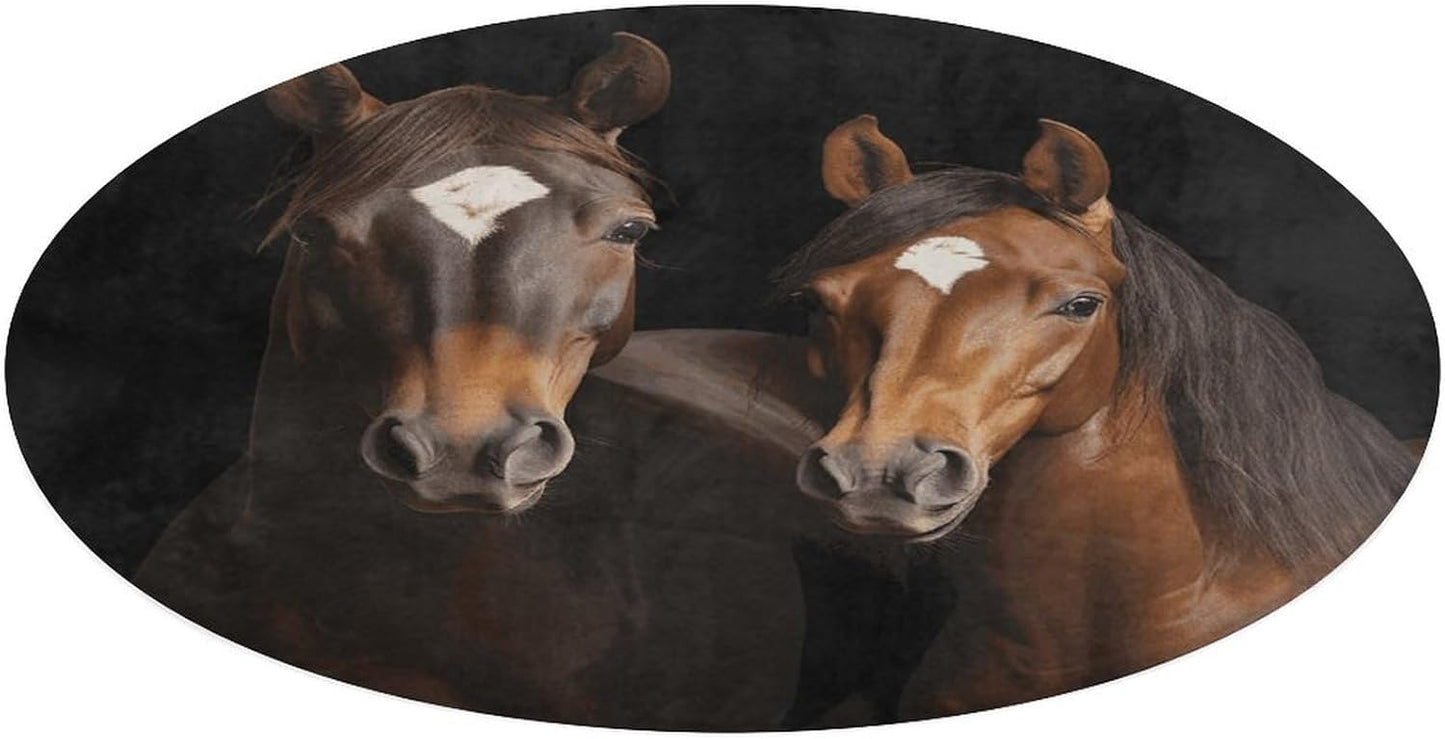 Two Horses Standing on Black Background Circle Rug Retro Luxury Coral Velvet Floor Mat Non Slip Soft Indoor Floor Carpet Comfy Thickened Area Rugs Modern Aesthetic Minimalist Carpets for Home Decor
