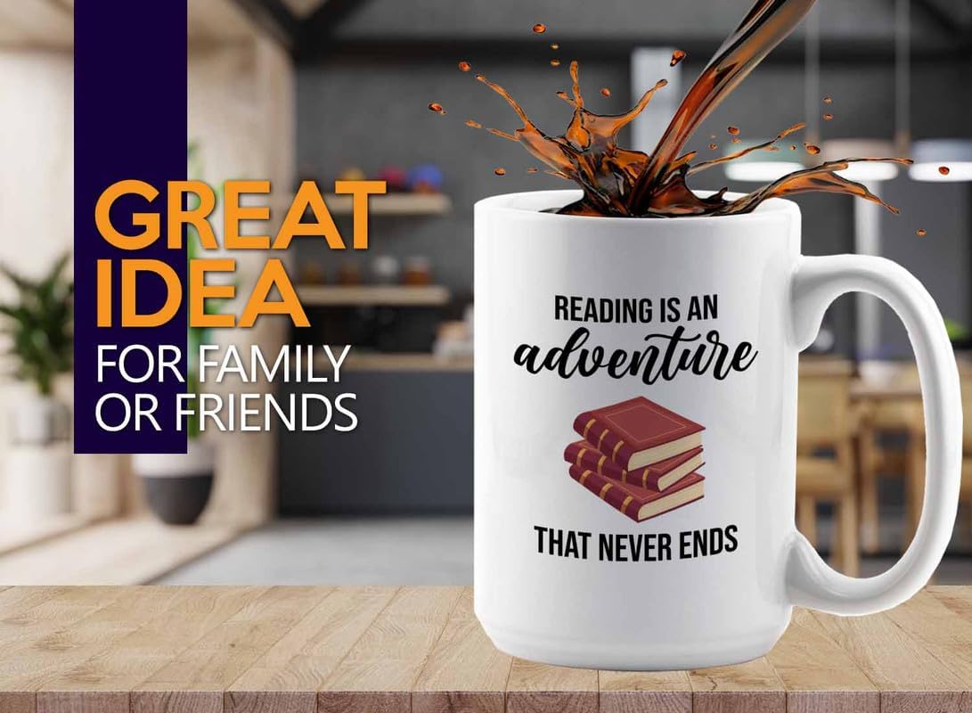 Bookish Coffee Mug 15oz White -Reading is an adventure - Novel enthusiast Book Club Librarian Book Lover Writer Reader Bibliophile