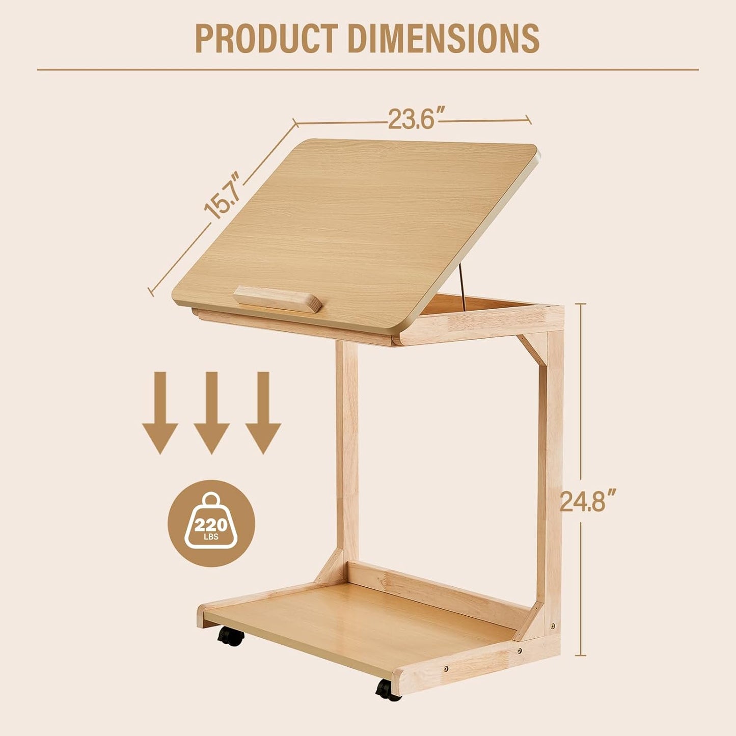 CozyDH Bedroom Side Table - Wooden End Tables Bedroom, C Shaped End Table with Wheels, Small Rolling Table for Bedside, Skinny Tray Desk for Sofa/Couch/Living Room, Natural